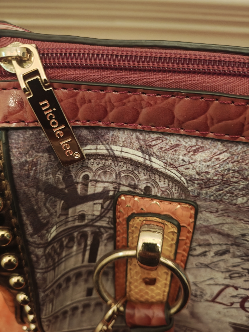 Nicole Lee London Print Dome Satchel - Maroon, Tan & Gold Accents - Picture 6 of 9